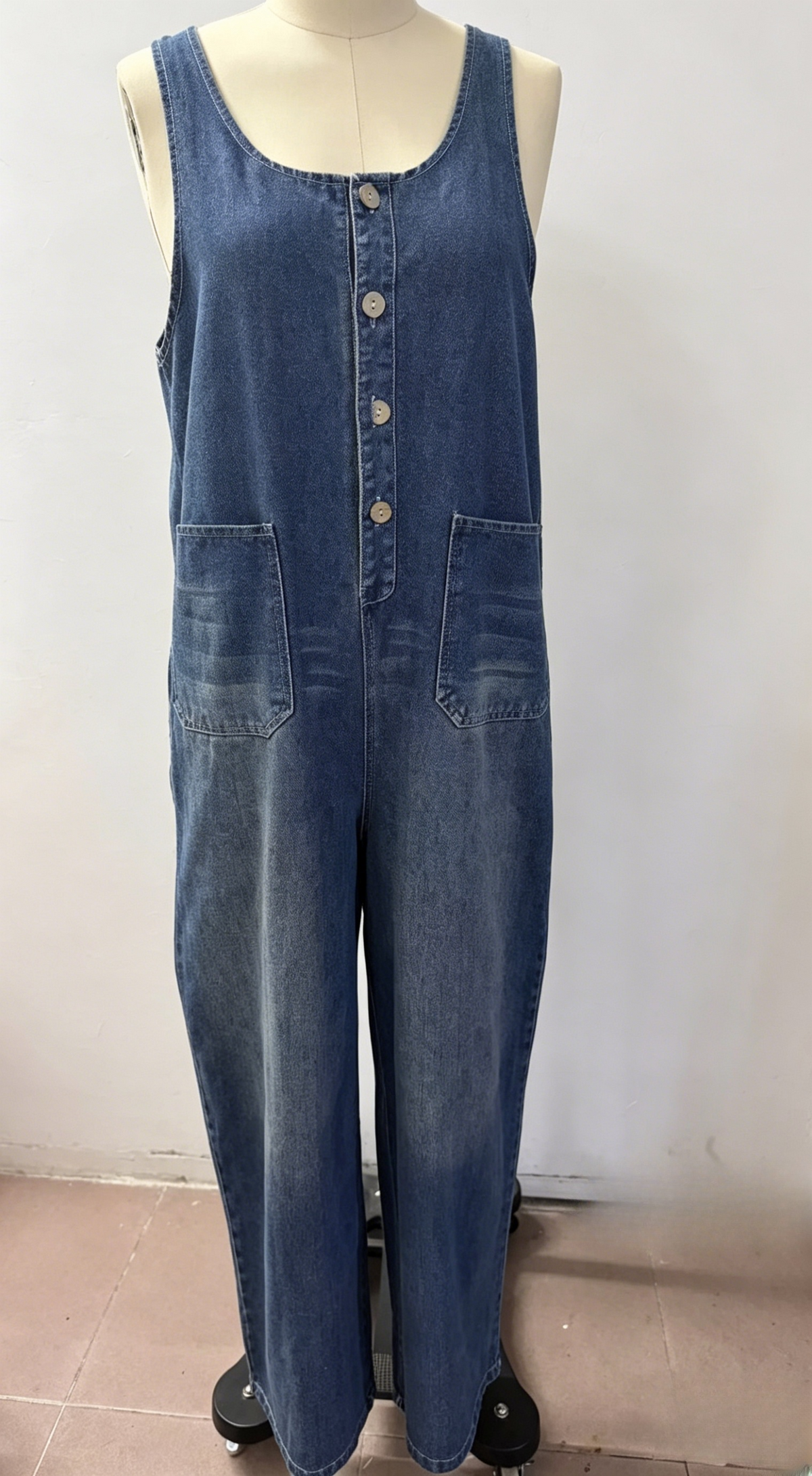 Slouchy Denim Overalls With Roomy Patch Pockets - DarkBlue - 2