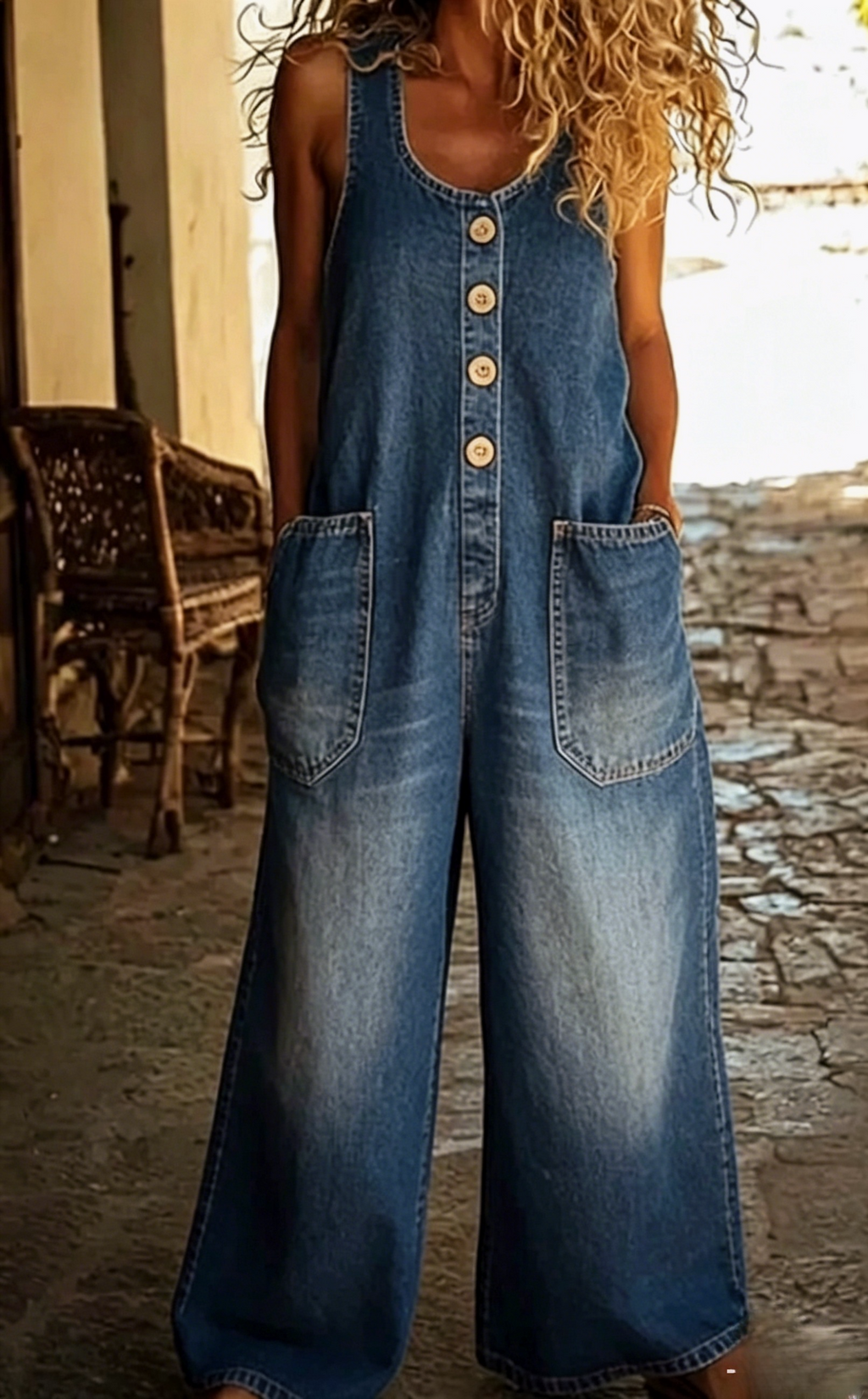 Slouchy Denim Overalls With Roomy Patch Pockets - DarkBlue - 3