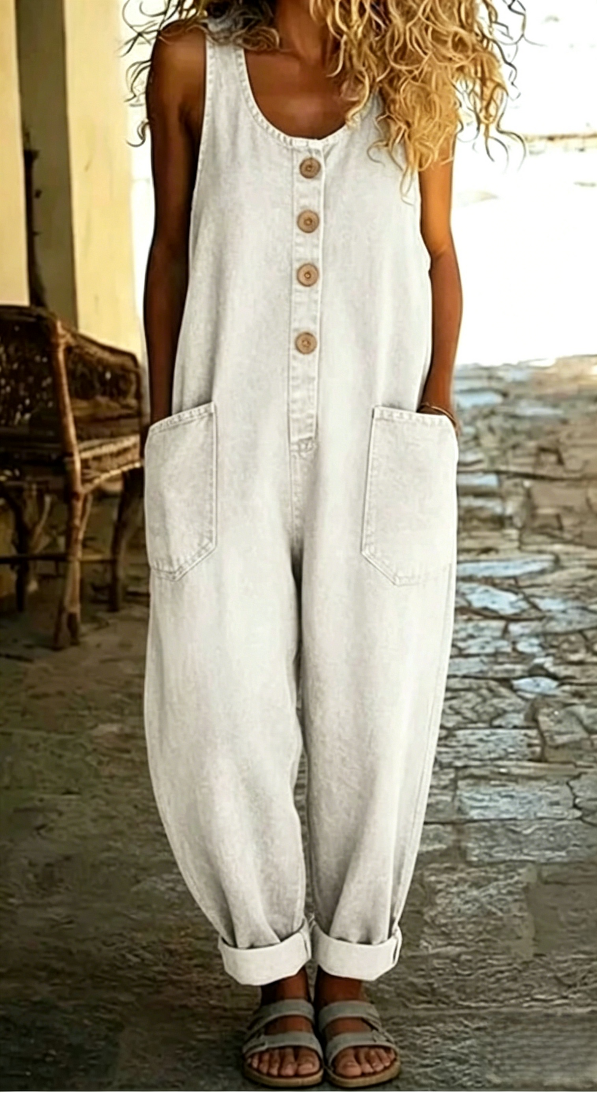 Slouchy Denim Overalls With Roomy Patch Pockets - Offwhite