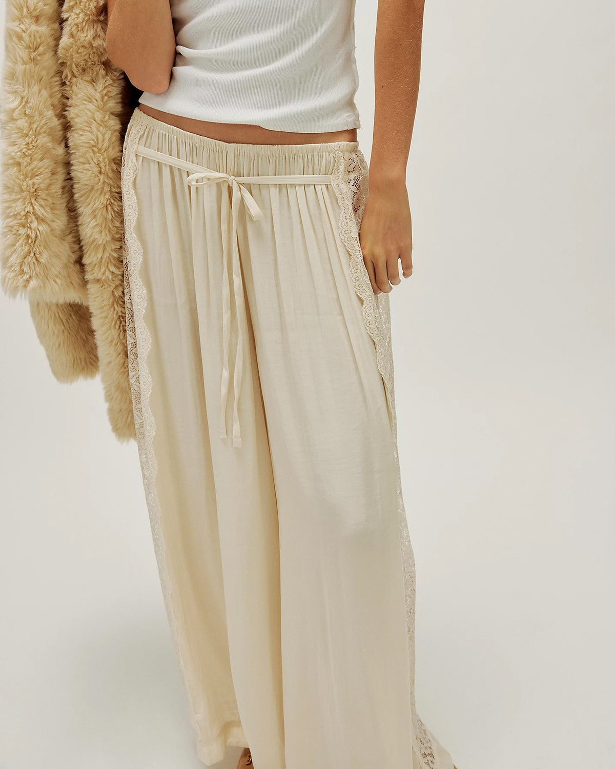Lace Panel Wide Leg Drawstring Pants - Champagne