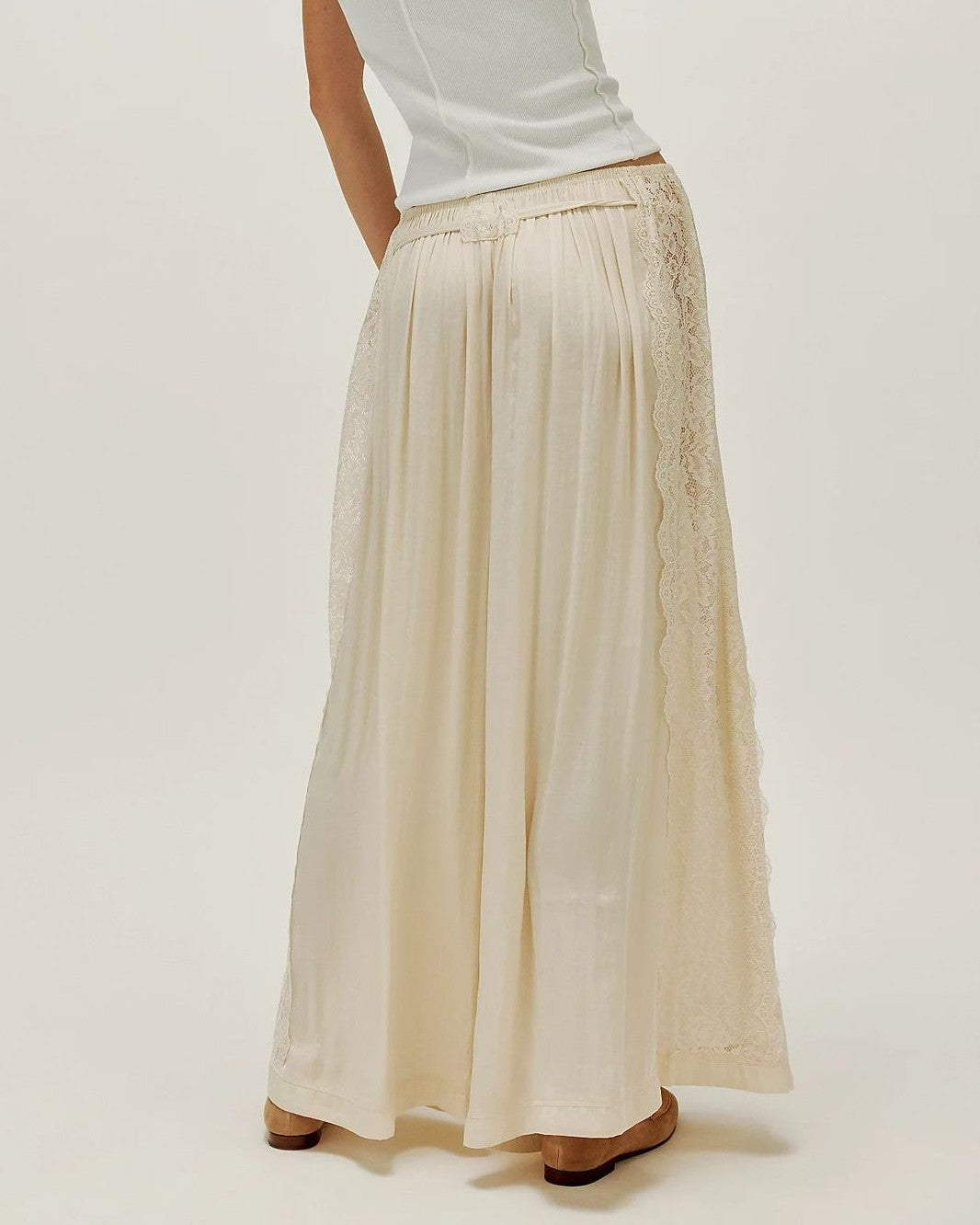 Lace Panel Wide Leg Drawstring Pants - Champagne - 1