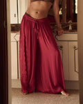 Lace Panel Wide Leg Drawstring Pants - Red