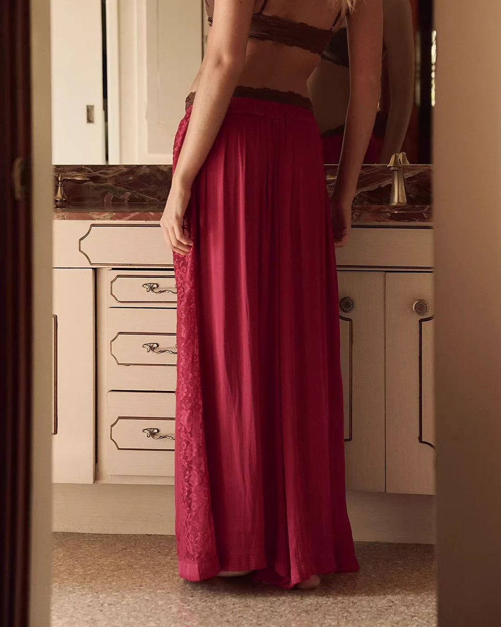 Lace Panel Wide Leg Drawstring Pants - Red - 2