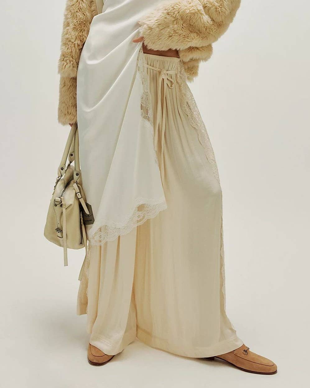 Lace Panel Wide Leg Drawstring Pants