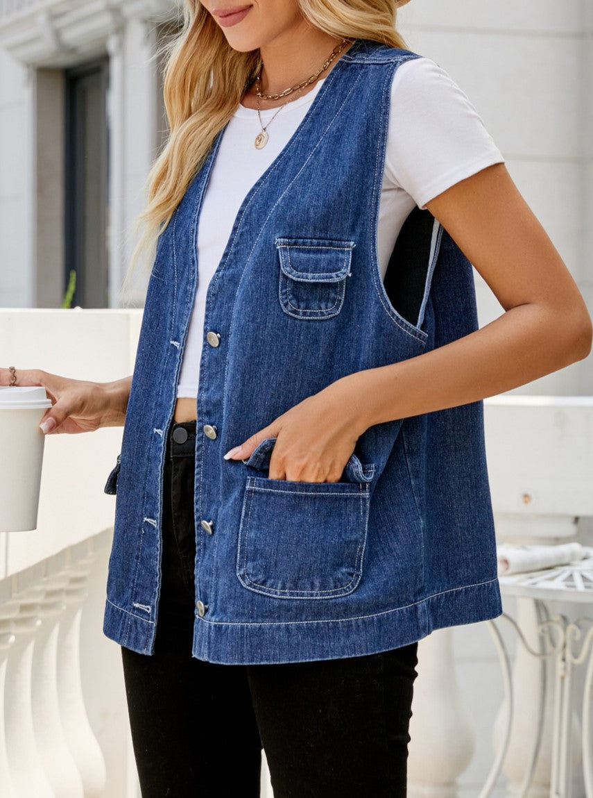 Longline Denim Button Front Sleeveless Top - Blue - 1