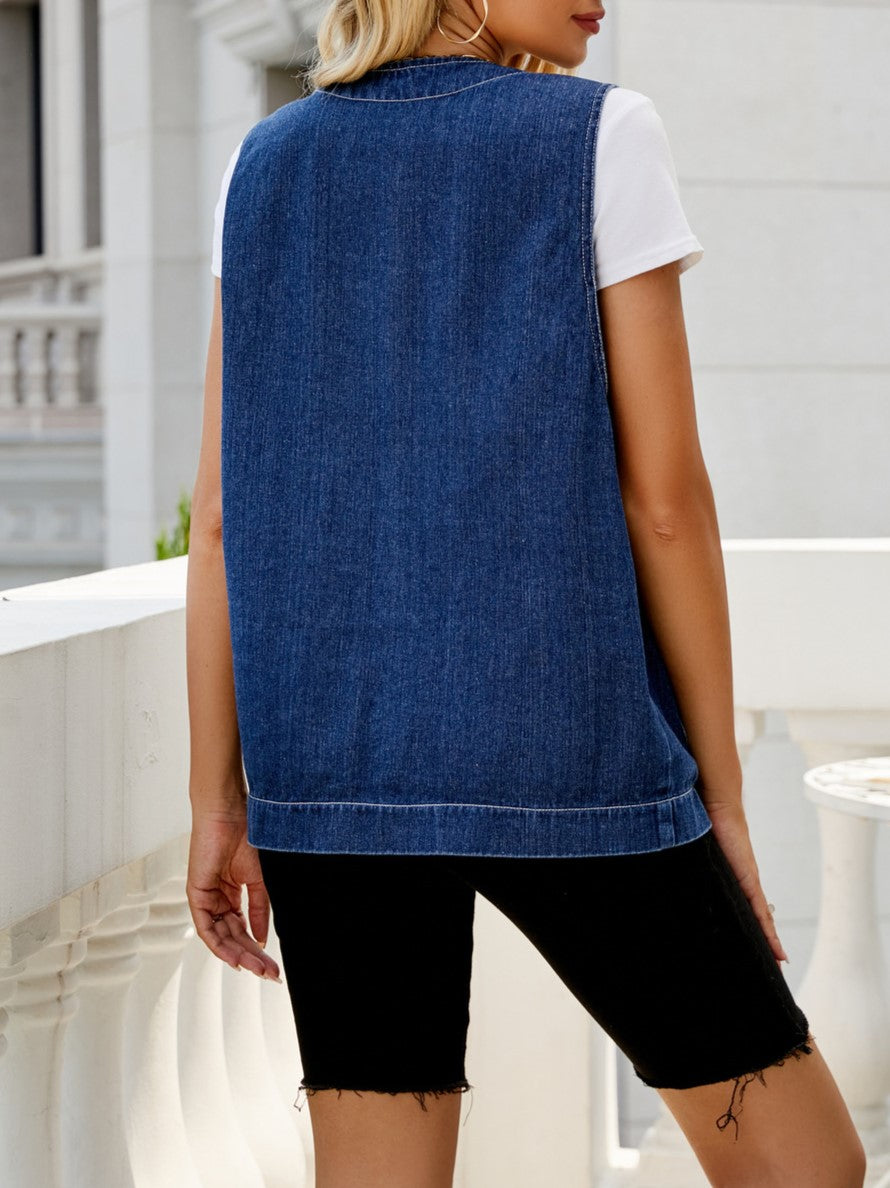 Longline Denim Button Front Sleeveless Top - Blue - 2