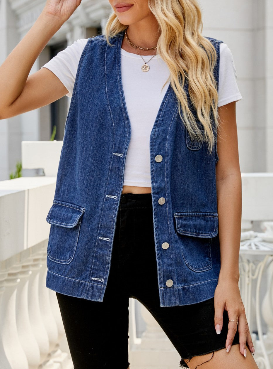 Longline Denim Button Front Sleeveless Top - Blue - 3