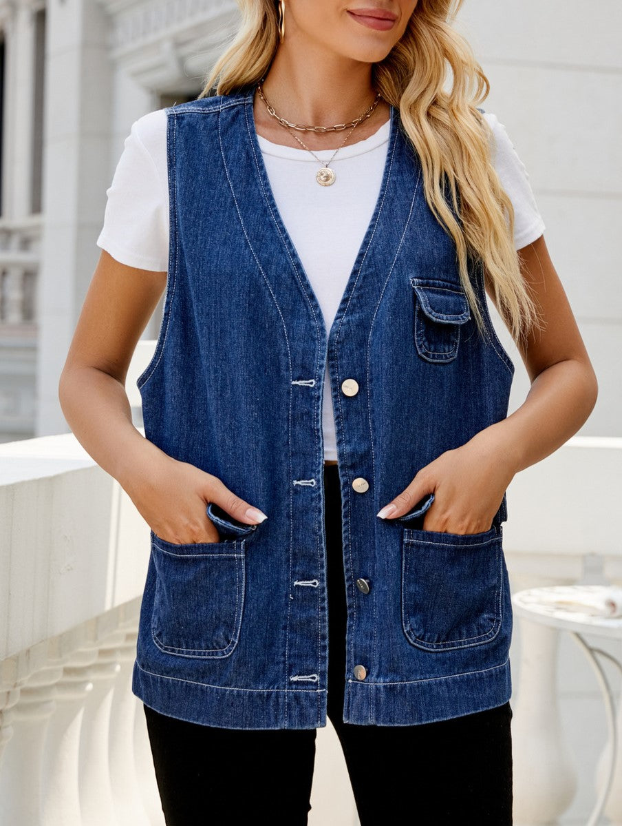 Longline Denim Button Front Sleeveless Top