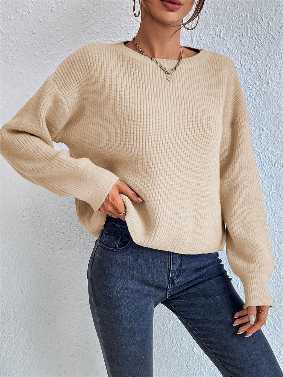 Boat Neck Ribbed Drop Shoulder Cropped Sweater - Apricot
