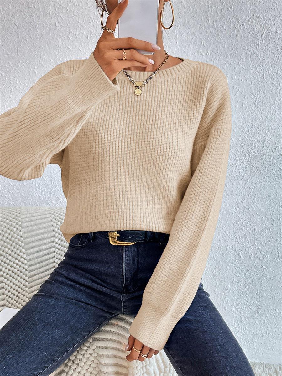 Boat Neck Ribbed Drop Shoulder Cropped Sweater - Apricot - 1