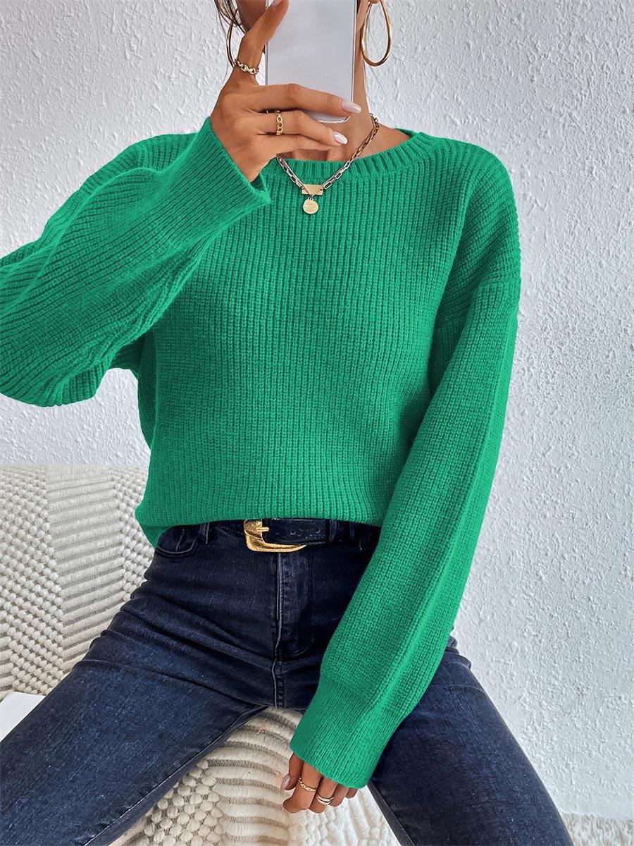 Boat Neck Ribbed Drop Shoulder Cropped Sweater - Green