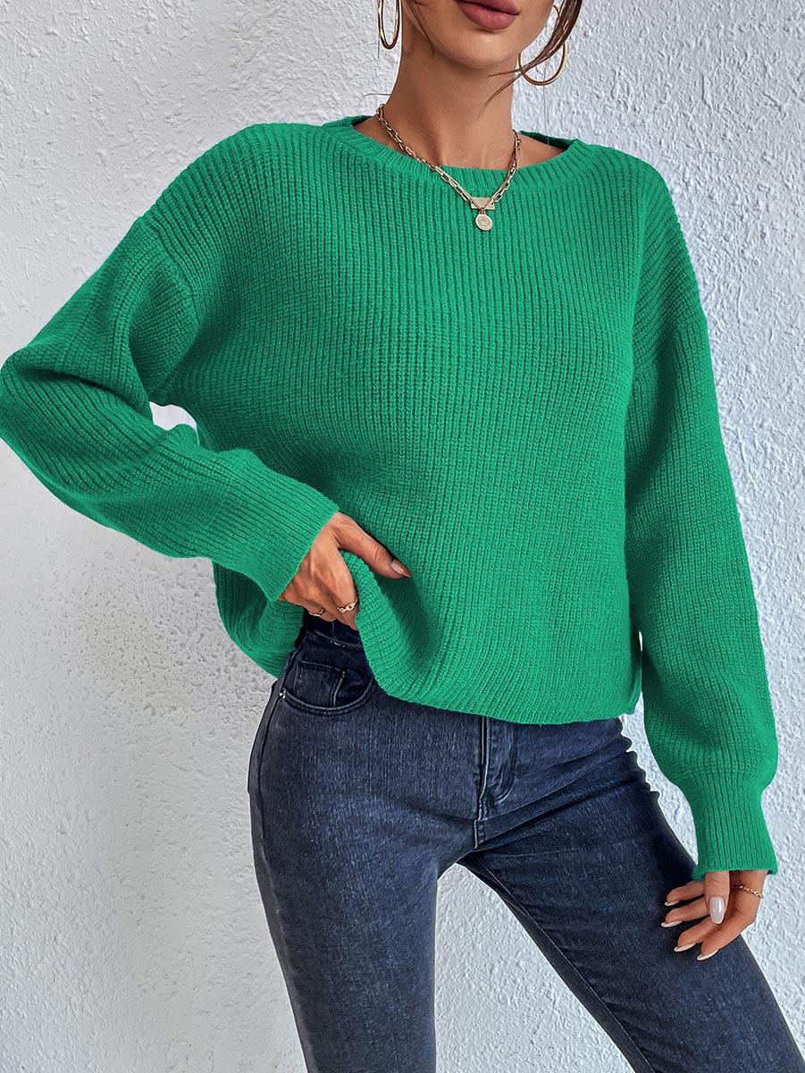 Boat Neck Ribbed Drop Shoulder Cropped Sweater - Green - 1
