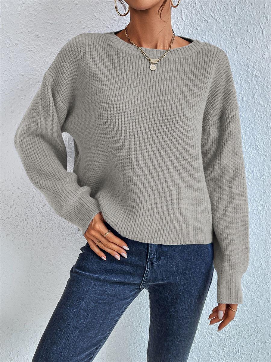 Boat Neck Ribbed Drop Shoulder Cropped Sweater - Grey - 1