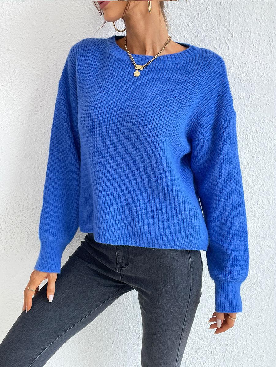 Boat Neck Ribbed Drop Shoulder Cropped Sweater - Navyblue
