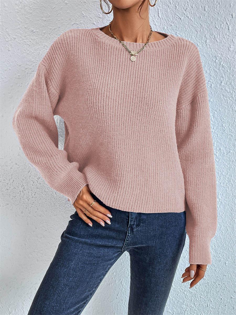 Boat Neck Ribbed Drop Shoulder Cropped Sweater - Pink