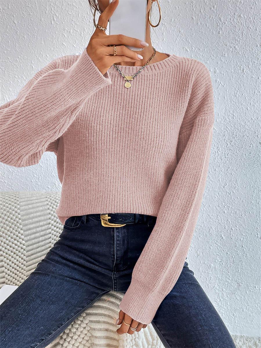 Boat Neck Ribbed Drop Shoulder Cropped Sweater - Pink - 1