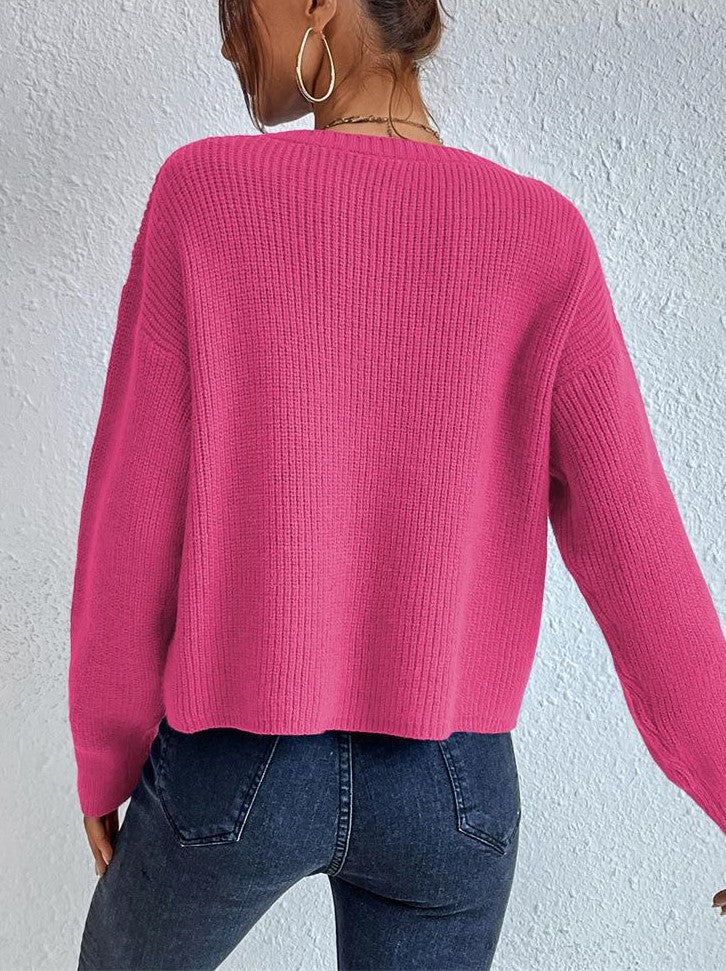 Boat Neck Ribbed Drop Shoulder Cropped Sweater - Rosered