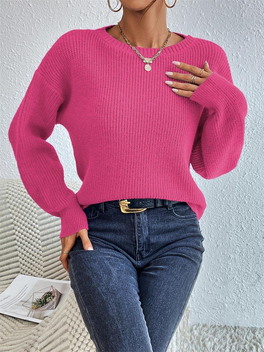 Boat Neck Ribbed Drop Shoulder Cropped Sweater - Rosered - 1