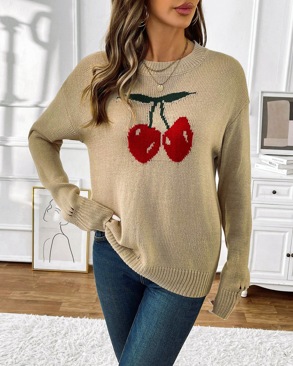 Cherry Intarsia Round Neck Knit Sweater - Khaki