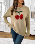 Cherry Intarsia Round Neck Knit Sweater - Khaki