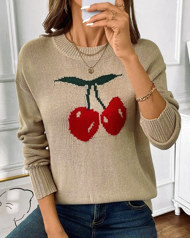 Cherry Intarsia Round Neck Knit Sweater - Khaki - 1