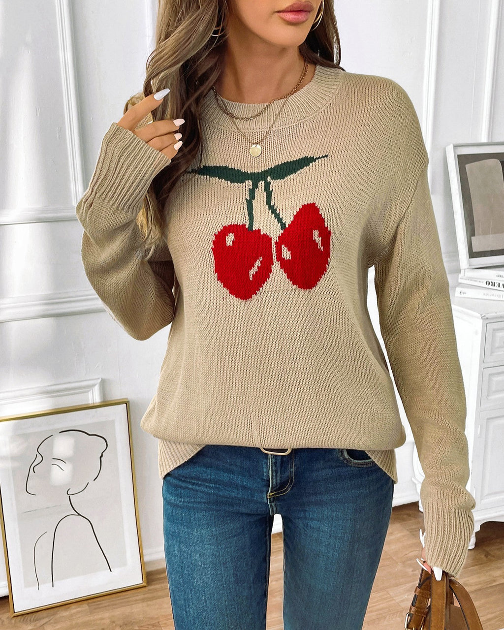 Cherry Intarsia Round Neck Knit Sweater - Khaki - 2