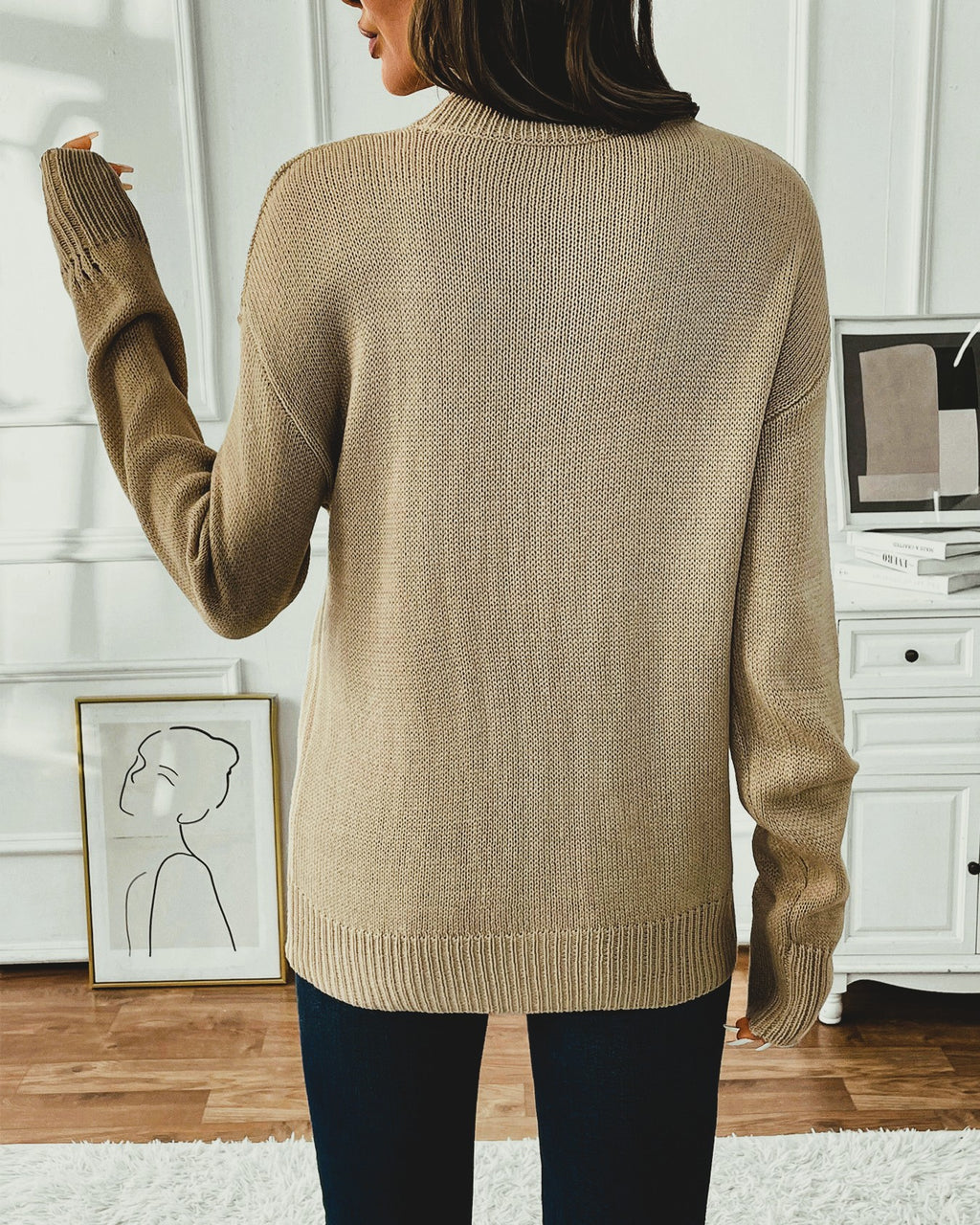 Cherry Intarsia Round Neck Knit Sweater - Khaki - 3