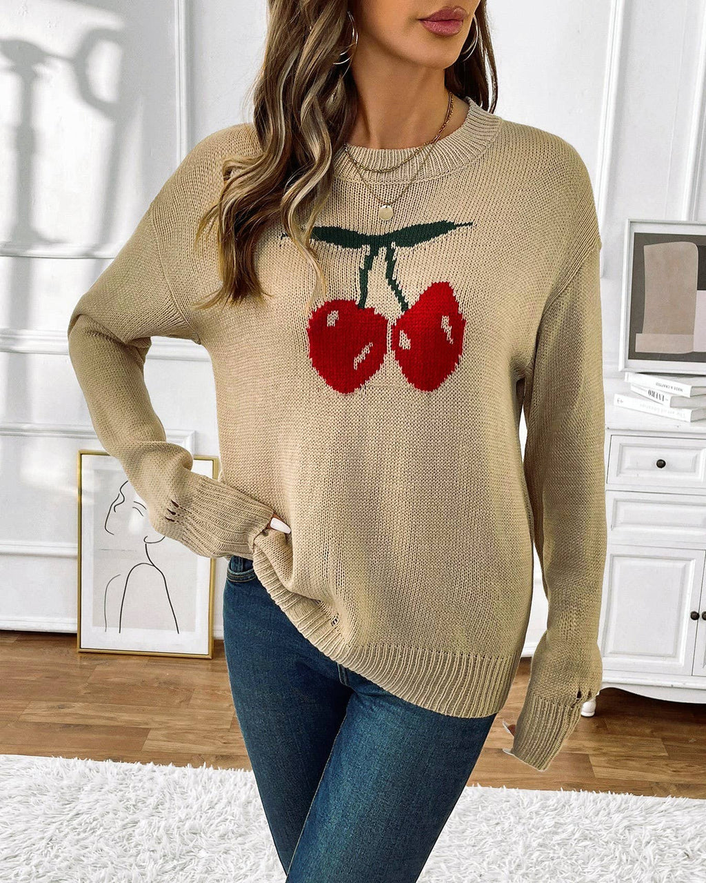 Cherry Intarsia Round Neck Knit Sweater