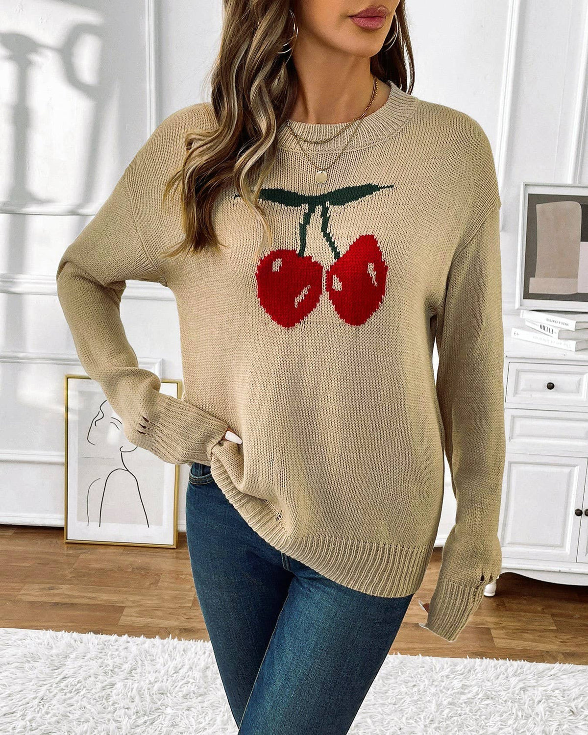 Cherry Intarsia Round Neck Knit Sweater