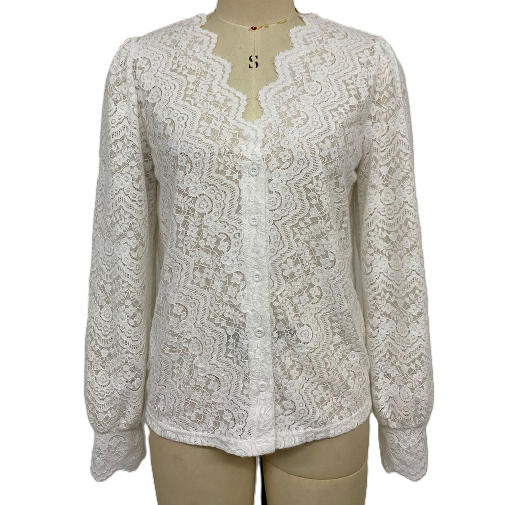 White Scalloped V Neck Lace Blouse With Button Front - White - 1