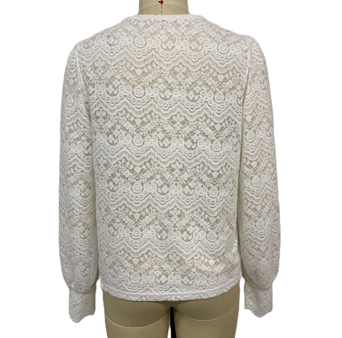 White Scalloped V Neck Lace Blouse With Button Front - White - 2