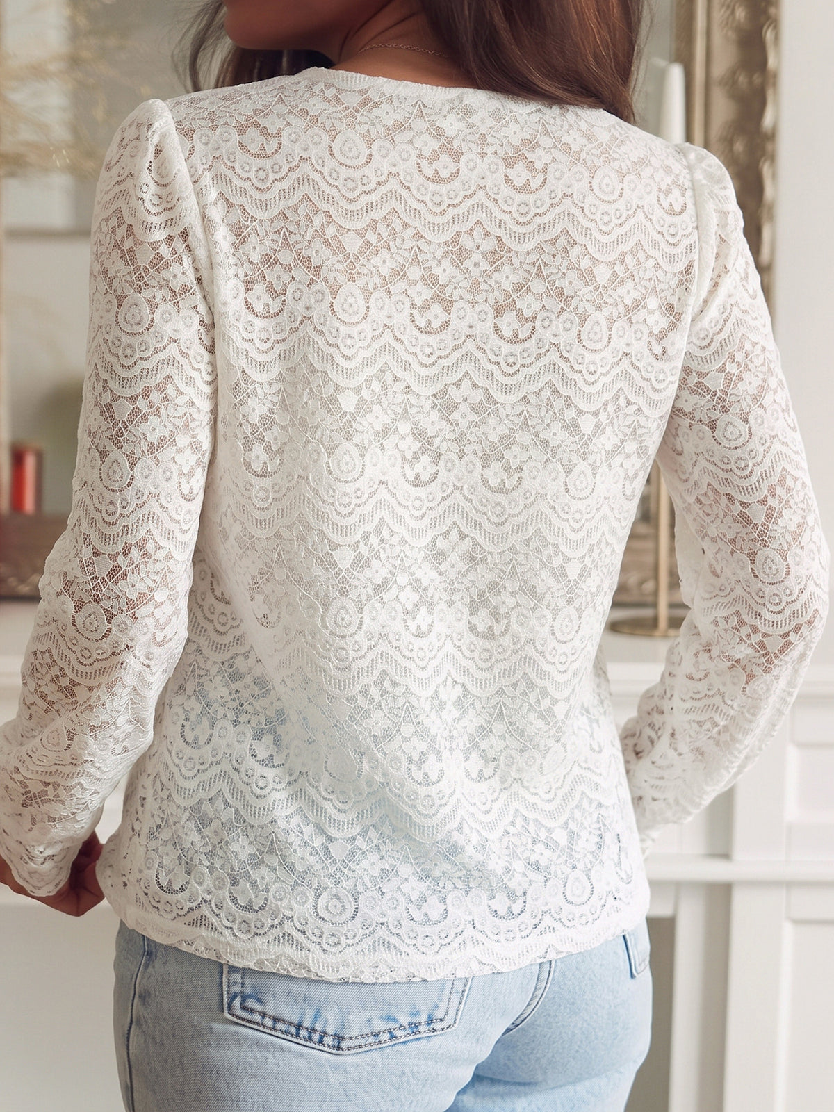 White Scalloped V Neck Lace Blouse With Button Front - White - 5