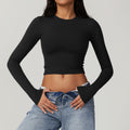 Brushed Flared Cuff Cropped Long Sleeve Yoga Top - Black