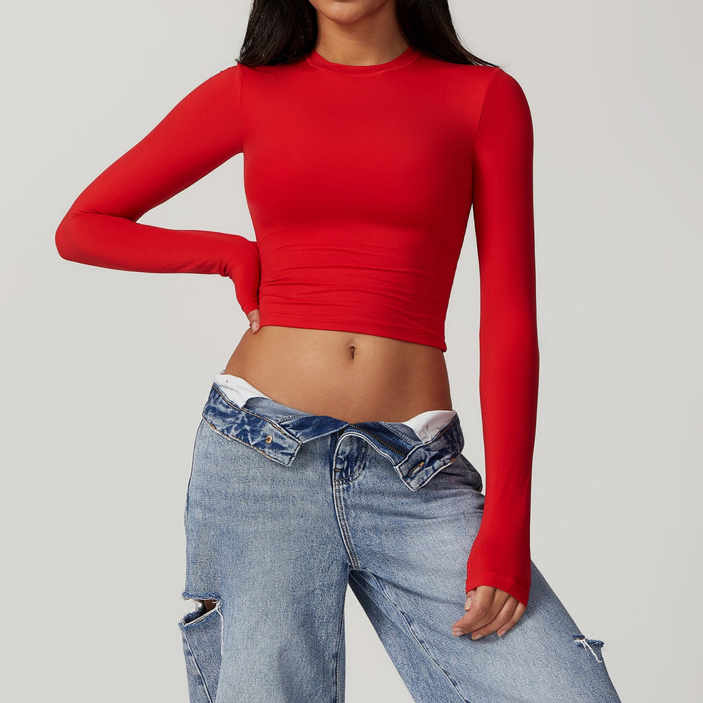 Brushed Flared Cuff Cropped Long Sleeve Yoga Top