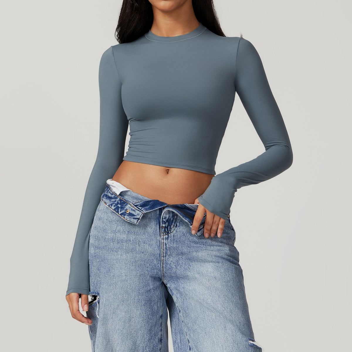 Brushed Flared Cuff Cropped Long Sleeve Yoga Top