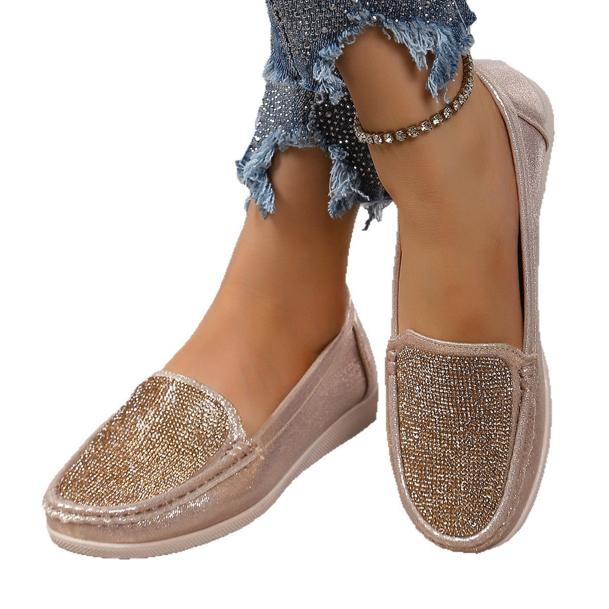 Rhinestone Metallic Slip-On Moccasin Loafers