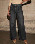 Retro Trouser Style Wide Leg Jeans Patch Pockets - Black