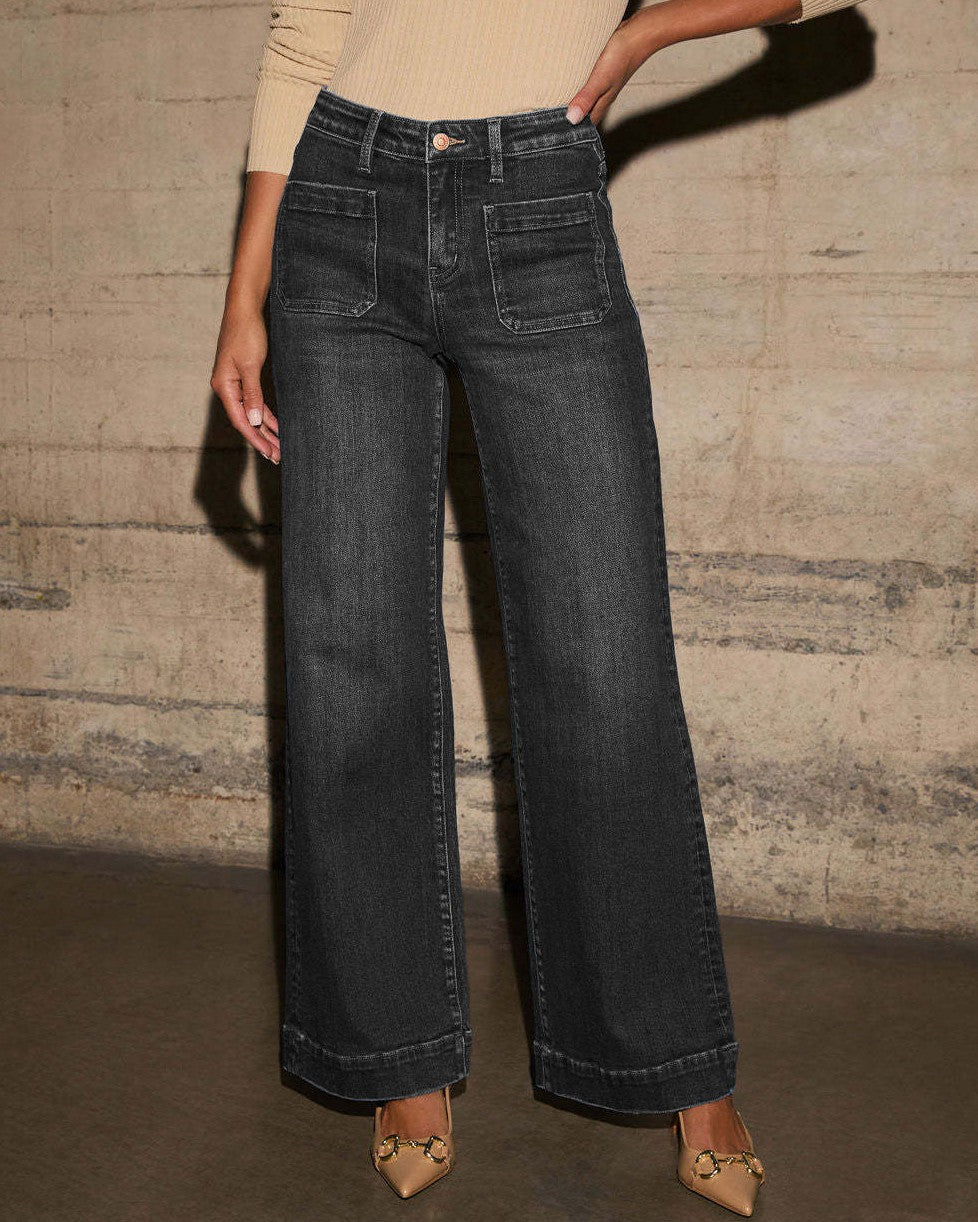 Retro Trouser Style Wide Leg Jeans Patch Pockets - Black