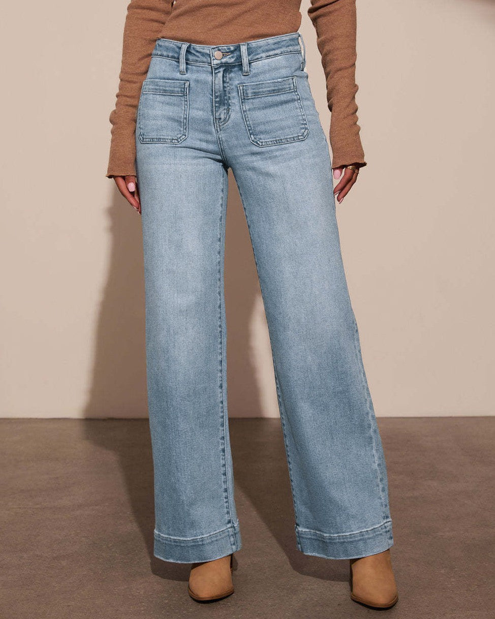 Retro Trouser Style Wide Leg Jeans Patch Pockets - Sky_Blue