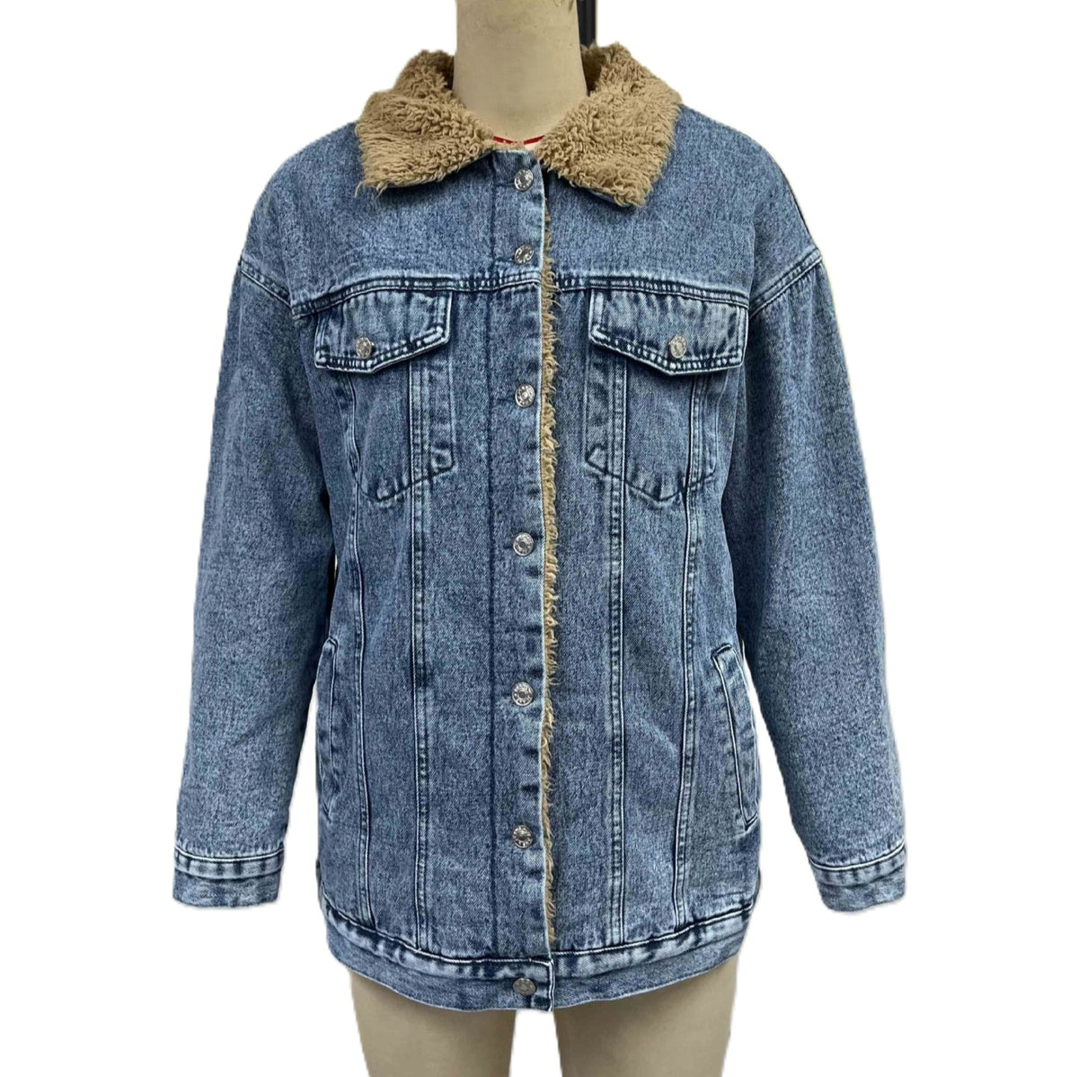 Sherpa Collar Oversized Denim Trucker Jacket - Blue