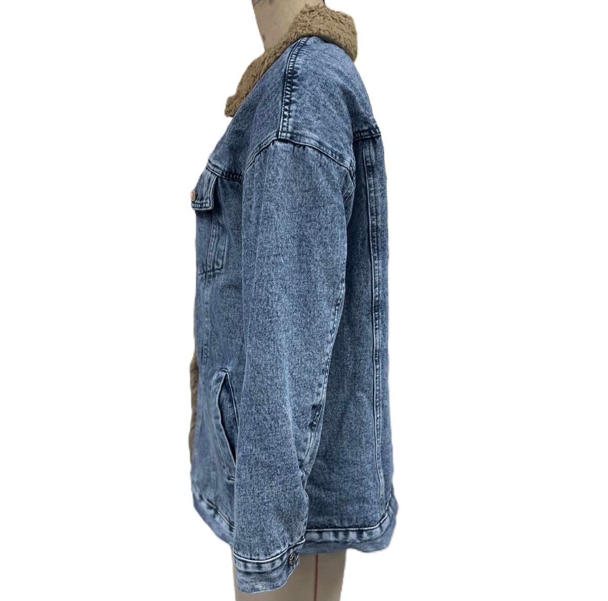 Sherpa Collar Oversized Denim Trucker Jacket - Blue - 1