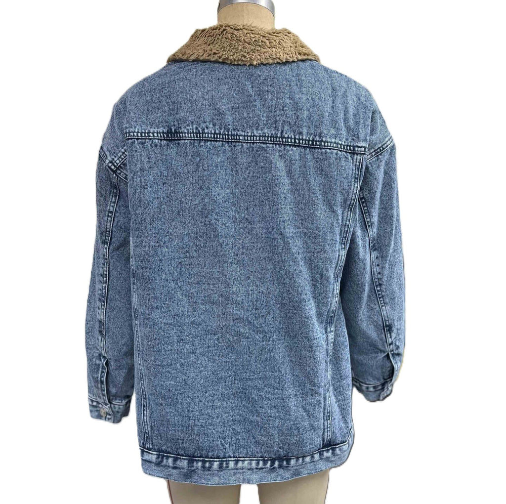 Sherpa Collar Oversized Denim Trucker Jacket - Blue - 2