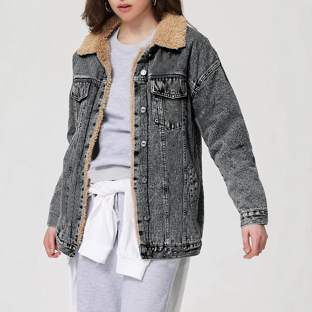 Sherpa Collar Oversized Denim Trucker Jacket - Grey