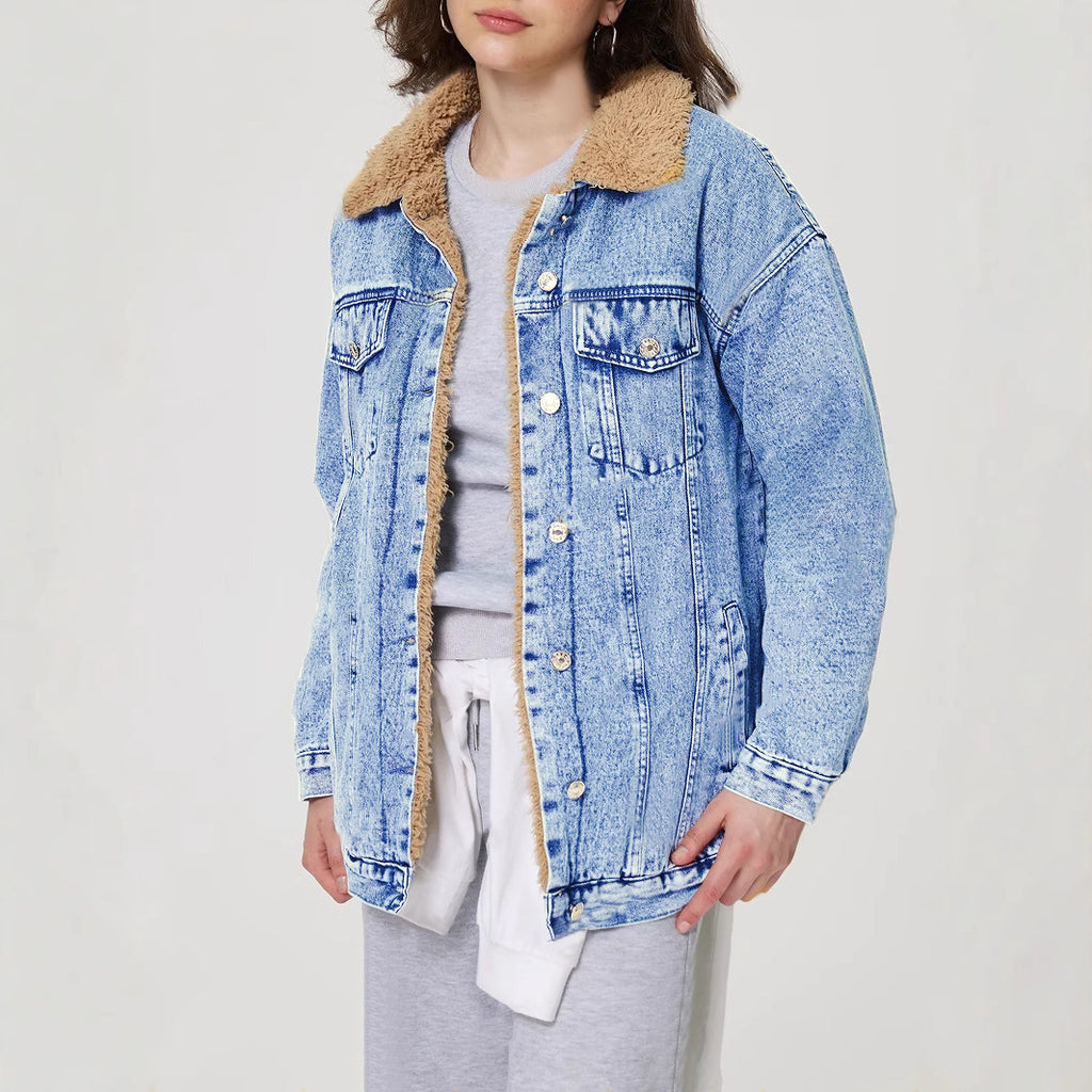 Sherpa Collar Oversized Denim Trucker Jacket - Lightblue