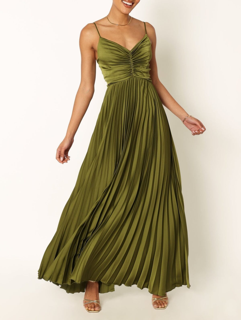 Pleated Satin Ruched Bodice Maxi Dress - Olive Green