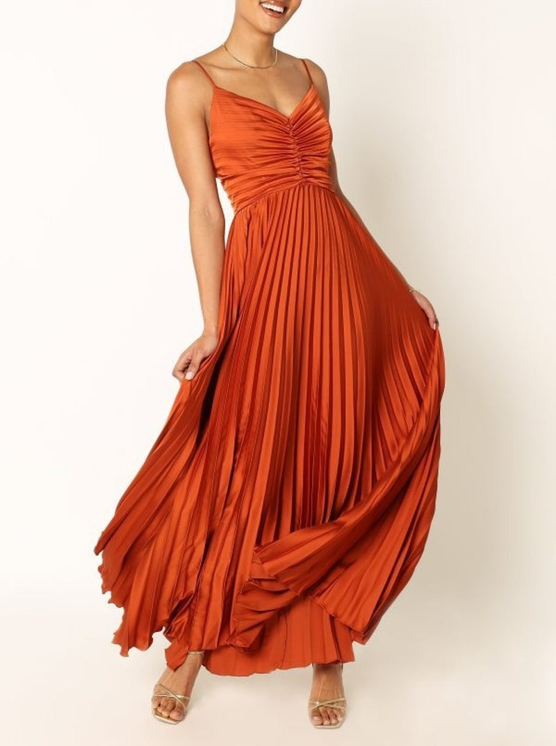 Pleated Satin Ruched Bodice Maxi Dress