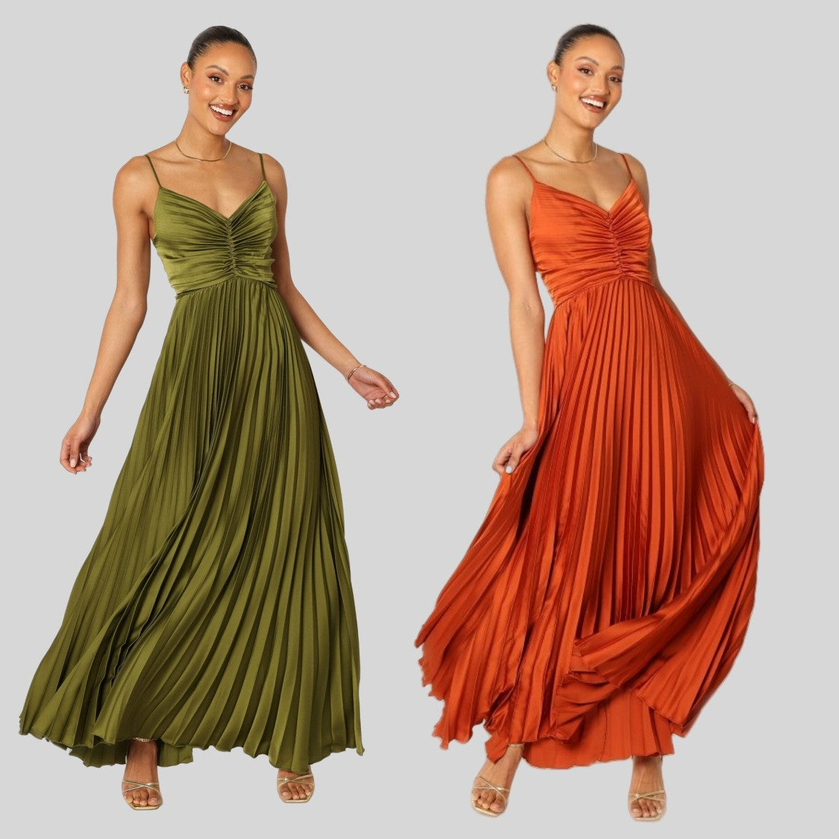 Pleated Satin Ruched Bodice Maxi Dress