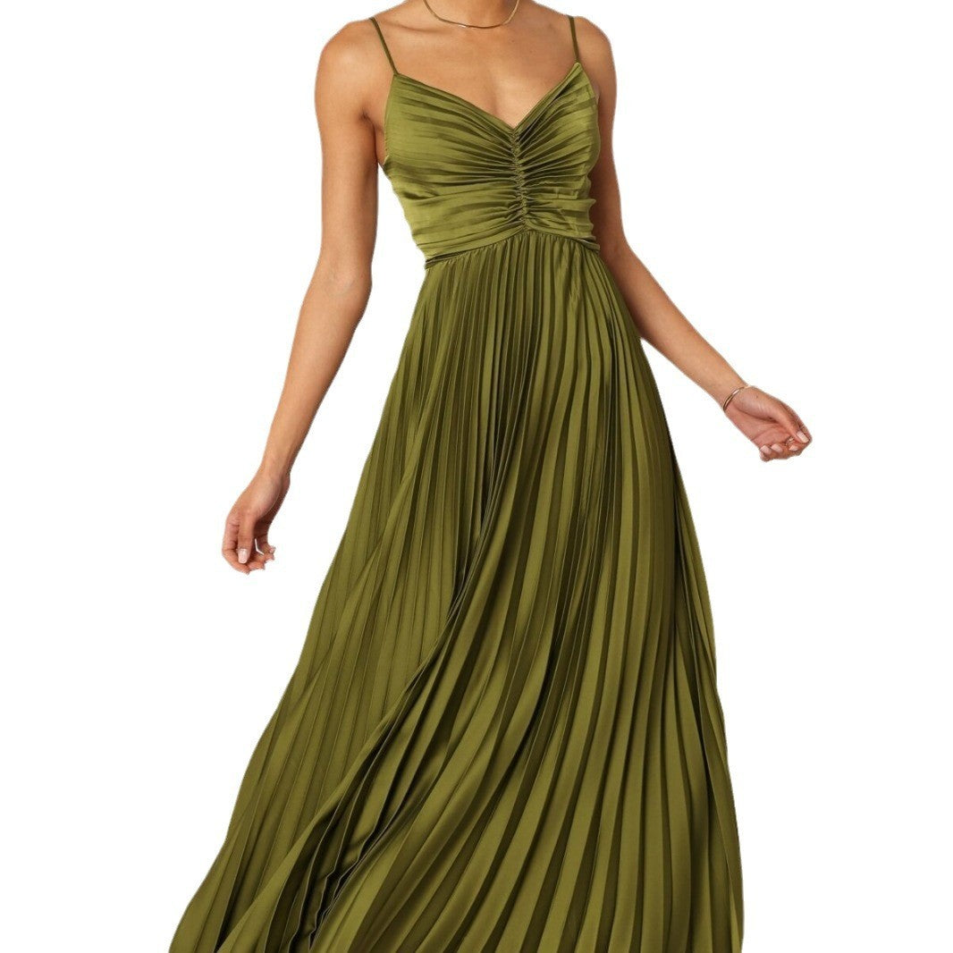 Pleated Satin Ruched Bodice Maxi Dress