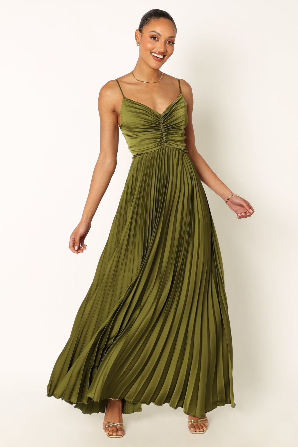 Pleated Satin Ruched Bodice Maxi Dress