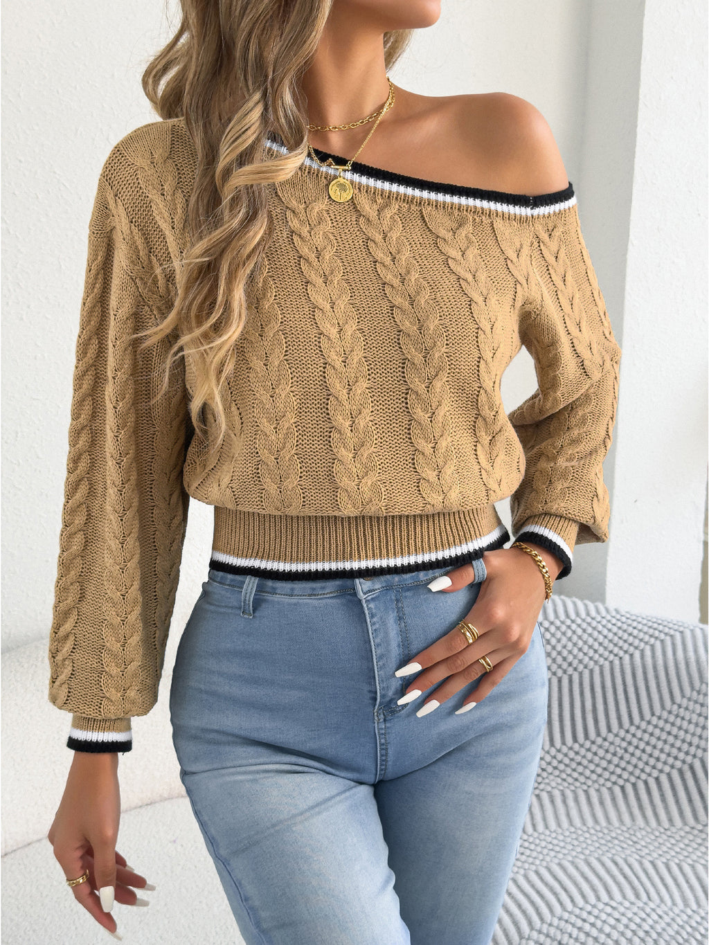 Contrast Trim Off Shoulder Knit Top - Khaki
